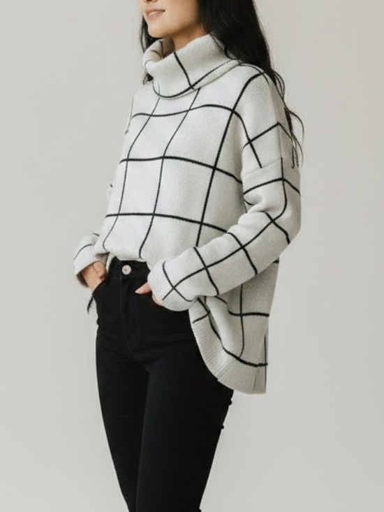 Ecowish Sweaters - White & Black Sweater Cozy Minimalist Grid Turtleneck Oversized Casual Size L